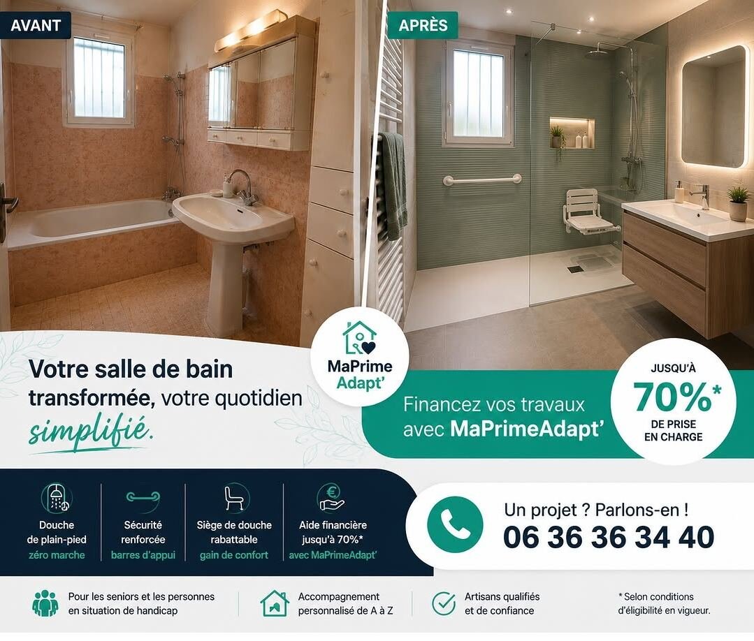 Avant / après : baignoire remplacée par une douche de plain-pied sécurisée avec barres d'appui et siège rabattable — travaux financés jusqu'à 70 % avec MaPrimeAdapt'